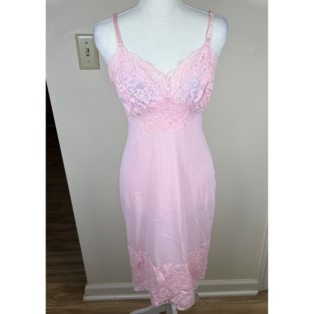 VTG 60s Hollywood‎ Vassarette Slip Dress 32A Pastel Pink Chemise Lace Lingerie